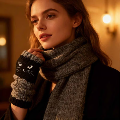 🎁 Promotion du dernier jour 50% DE RÉDUCTION 🐱 Gants tricotés pour femmes avec motif chat — Pour des mains au chaud et des doigts libres 🧶