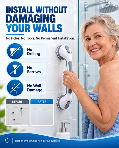 🚿 50% OFF! ✨ Suction Cup Grab Bar – Tool-Free No-Drill Install on Tile & Glass, Strong Vacuum Hold, Removable & Reusable – Extra Balance Support for Bathroom Safety 🔒