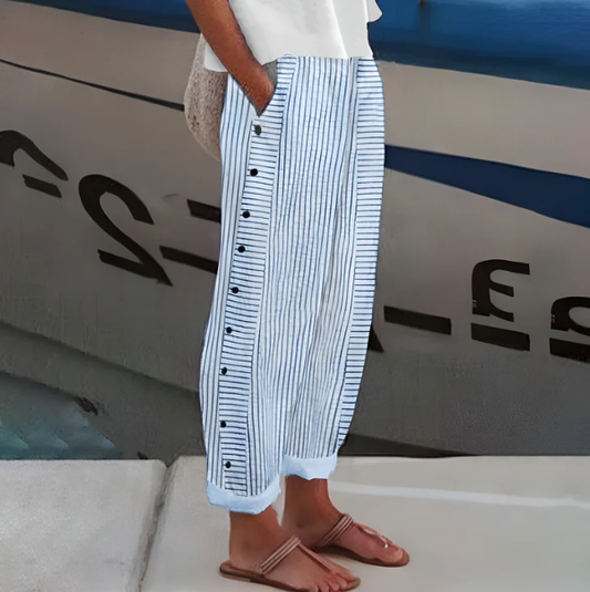 ✨🔥Pantalon rayé bleu confortable avec poches latérales💞