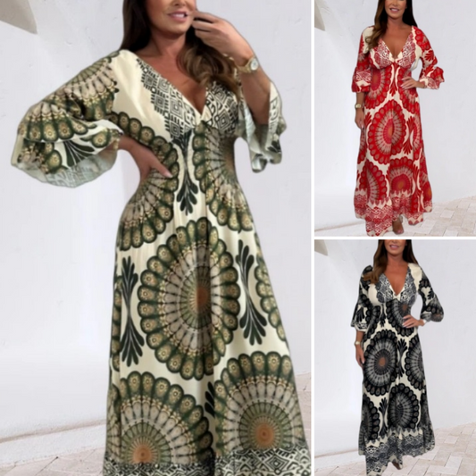 🔥Robe longue rétro bohème à col en V profond pour femme