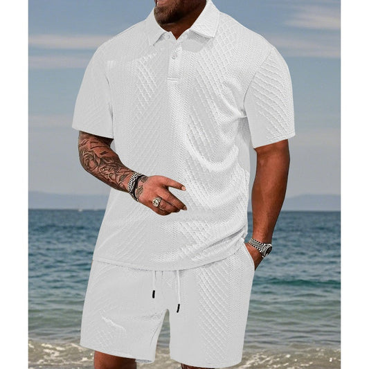 💪Ensemble 2 pièces pour homme : haut à col rabattu et manches courtes à motif losange et short à cordon