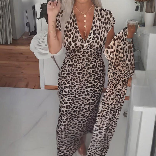 Robe à col en V imprimé léopard pour femme