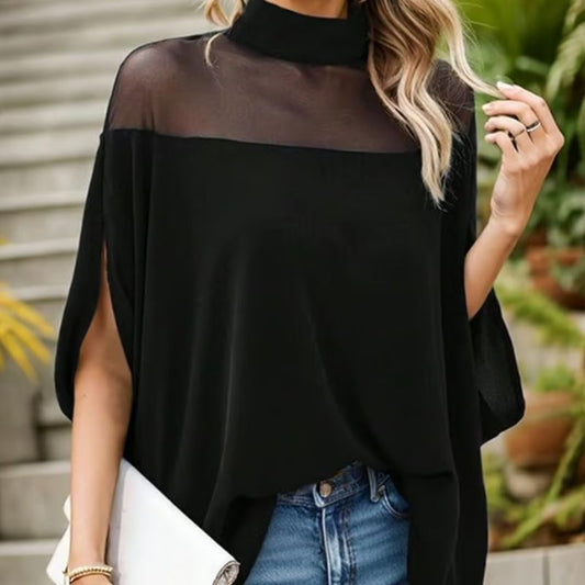 💥🦇 PROMO LIMITÉE -50% ! Chemisier Chauve-Souris à Col Haut pour Femme — Détail Transparent, Coupe Ample ✨