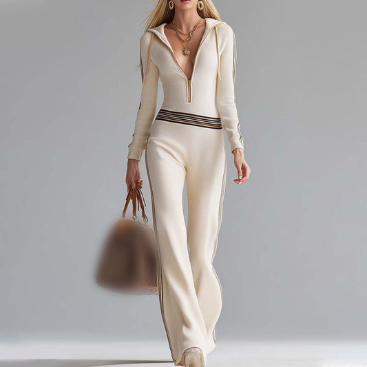 📢📢60% de réduction ! 🌟 Combinaison-Pantalon Sport Chic à Capuche – Col en V, Rayures Rétro & Jambe Évasée 💕👟