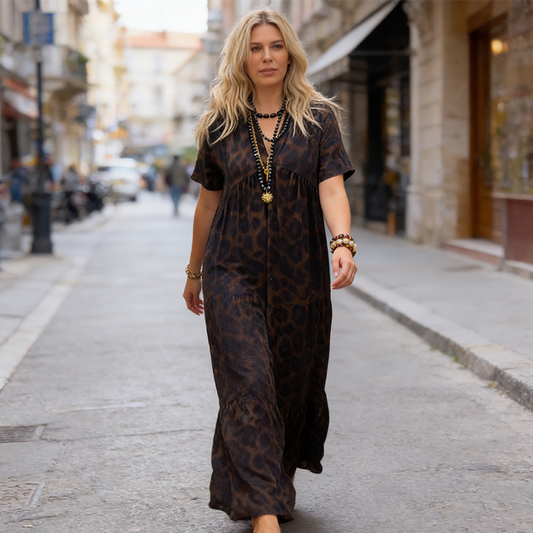 Robe longue à col en V et imprimé léopard pour femme