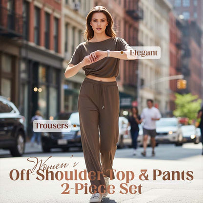 🍂 50 % de réduction + livraison gratuite 🌺 Ensemble 2 pièces pour femme : haut à épaules dénudées et pantalon