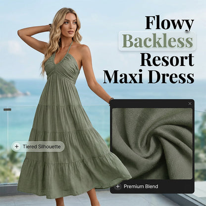 👗56 % de réduction + livraison gratuite à partir de 2 articles ! 🚚💨Robe longue à volants, dos nu et col licou pour femme