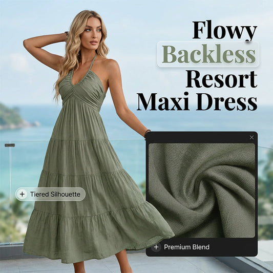 👗56 % de réduction + livraison gratuite à partir de 2 articles ! 🚚💨Robe longue à volants, dos nu et col licou pour femme