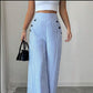 👖✨ PROMO LIMITÉE 50% DE RÉDUCTION ! Pantalon Taille Haute à Jambes Larges – Rayures Verticales Bleu & Blanc, Coupe Élégante, Bouts Décoratifs, Parfait pour Occasions Décontractées & Chic 🍃