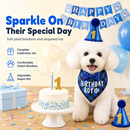 5-Piece Pet Birthday Party Dress Up Set with Plaid Triangle Bandana Bibs and Birthday Hat for Dogs and Cats
