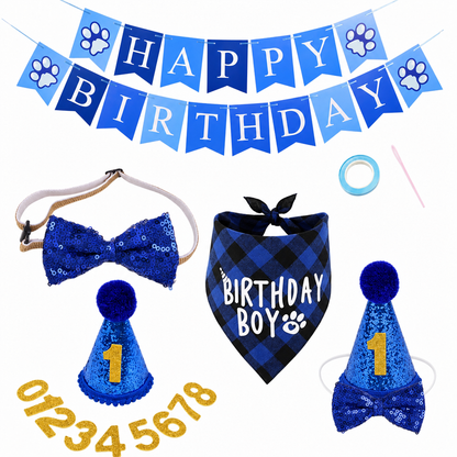 5-Piece Pet Birthday Party Dress Up Set with Plaid Triangle Bandana Bibs and Birthday Hat for Dogs and Cats