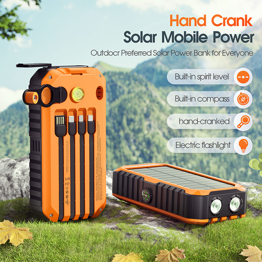 ☀️ Solar Power Bank with Built-in Cables & Flashlight