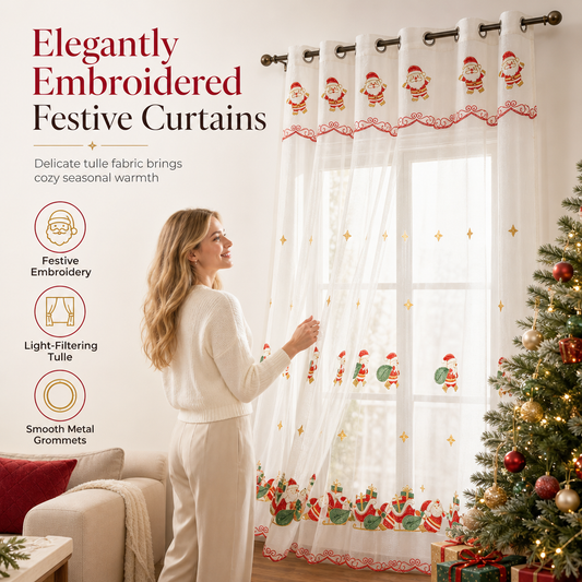 ⏳Limited-time 50% off💥Christmas Embroidered Sheer Window Curtain Panel with Snowflake and Bell Patterns