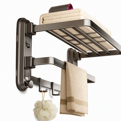 ⏳Limited-time 50% off💥No Drill Double Folding Bathroom Towel Rack Wall Mounted Bath Towel Holder Shelf Organizer with Hooks