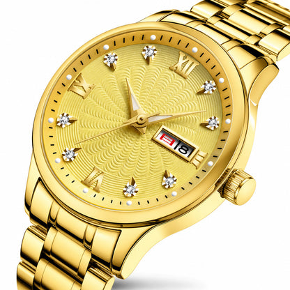 Men's Fashion Watch with Day Date Display Waterproof Luminous Hands and Alloy Steel Band