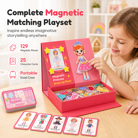 ⏳Limited-time 50% off💥29-Piece Magnetic Princess Dress-Up Set for Girls Ages 3–6 – 3-in-1 3D Outfit & Scene Matching Toy