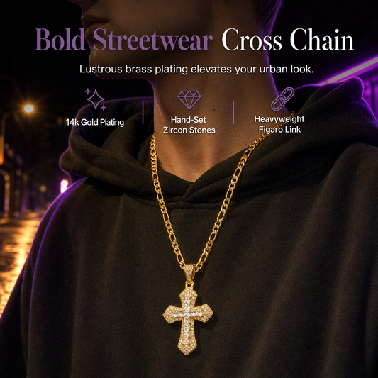⏳Limited-time 50% off💥Hip Hop Double Layer Baguette Rhinestone Cross Brass with Figaro Chain