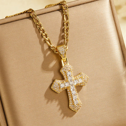 ⏳Limited-time 50% off💥Hip Hop Double Layer Baguette Rhinestone Cross Brass with Figaro Chain
